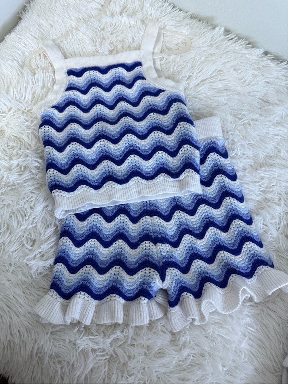 Rare Editions Blue & White Wave Knit Tank and Ruffle Shorts Set